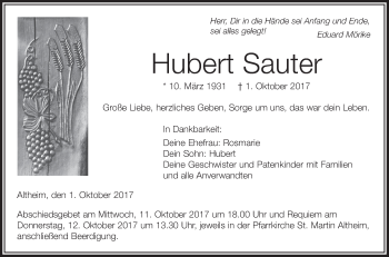Anzeige von Hubert Sauter von Schwäbische Zeitung