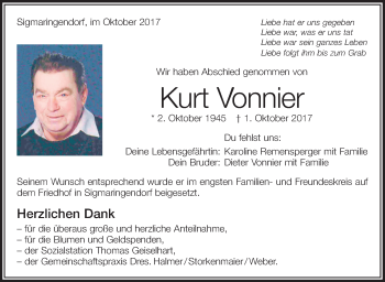 Anzeige von Kurt Vonnier von Schwäbische Zeitung