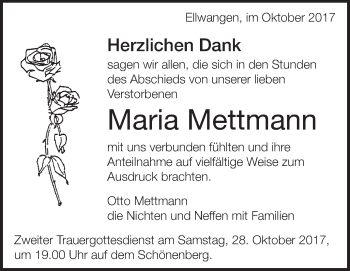 Anzeige von Maria Mettmann von Schwäbische Zeitung