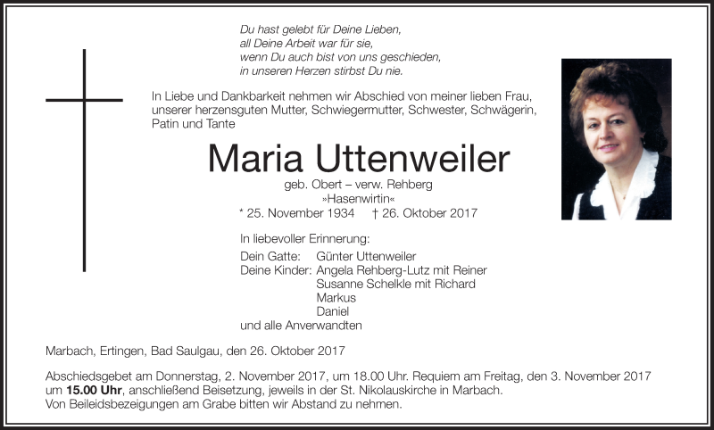 Traueranzeige für Maria Uttenweiler vom 30.10.2017 aus Schwäbische Zeitung