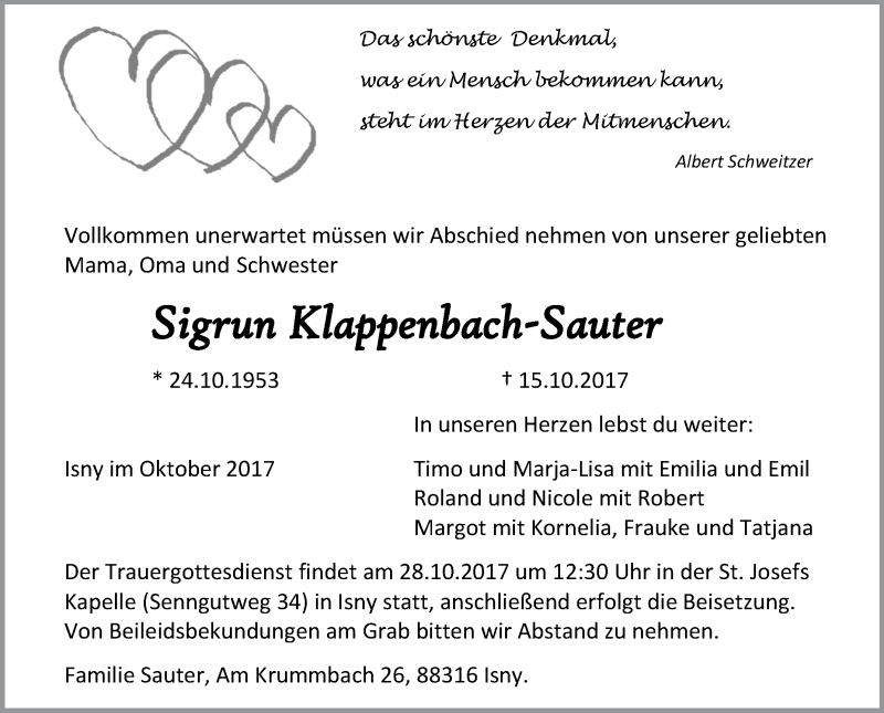  Traueranzeige für Sigrun Klappenbach-Sauter vom 25.10.2017 aus Schwäbische Zeitung