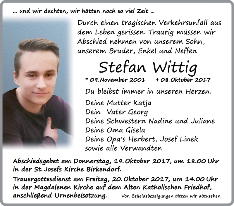  Traueranzeige für Stefan Wittig vom 18.10.2017 aus Schwäbische Zeitung