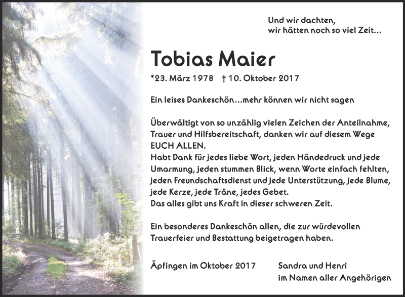 Traueranzeige für Tobias Maier vom 25.10.2017 aus Schwäbische Zeitung