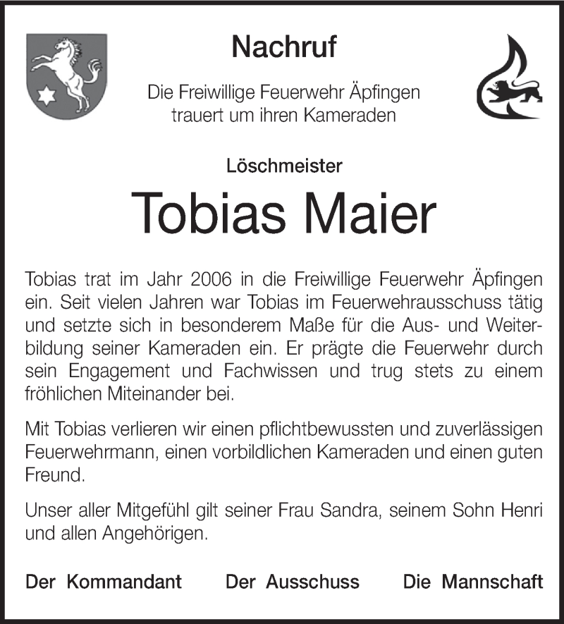  Traueranzeige für Tobias Maier vom 18.10.2017 aus Schwäbische Zeitung