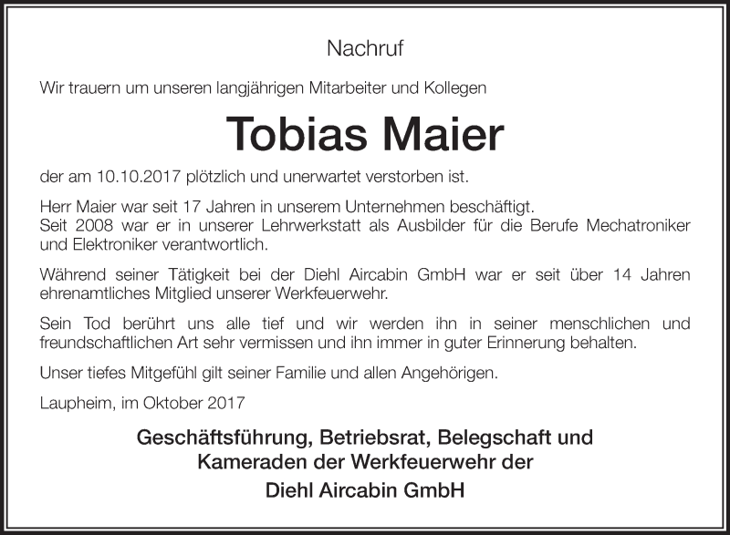  Traueranzeige für Tobias Maier vom 19.10.2017 aus Schwäbische Zeitung