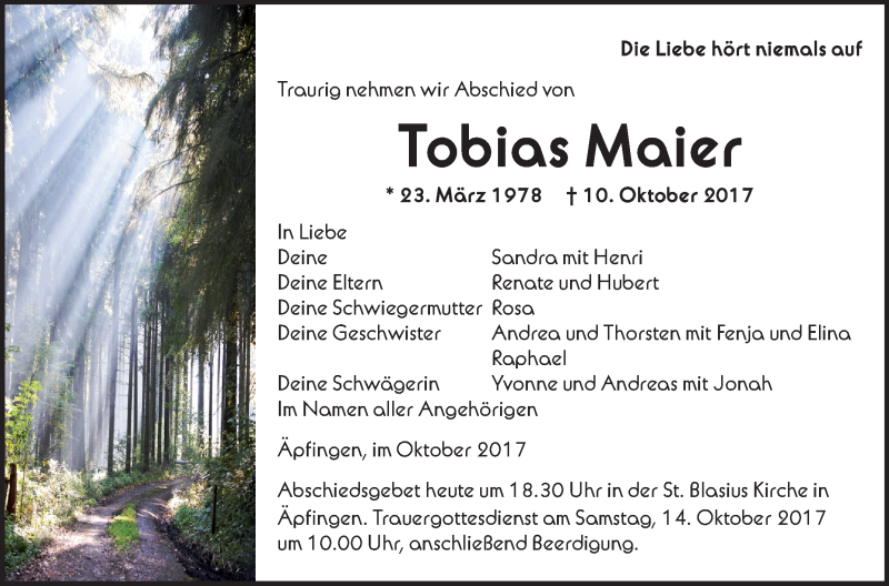  Traueranzeige für Tobias Maier vom 13.10.2017 aus Schwäbische Zeitung
