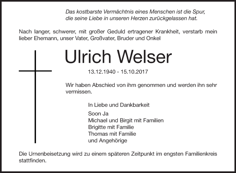  Traueranzeige für Ulrich Welser vom 27.10.2017 aus Schwäbische Zeitung