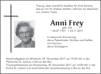 Anzeige von Anni Frey von Schwäbische Zeitung