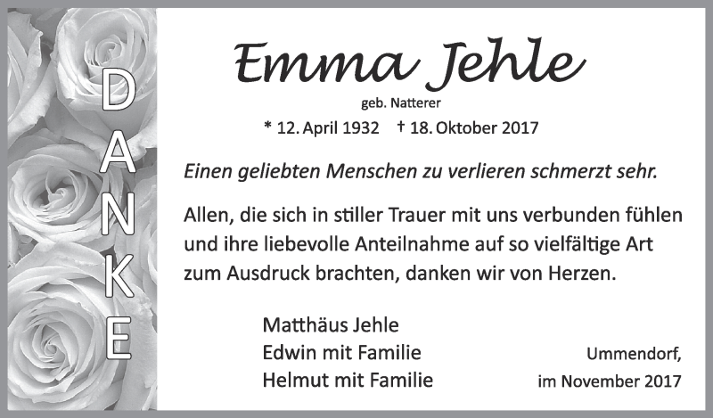  Traueranzeige für Emma Jehle vom 18.11.2017 aus Schwäbische Zeitung