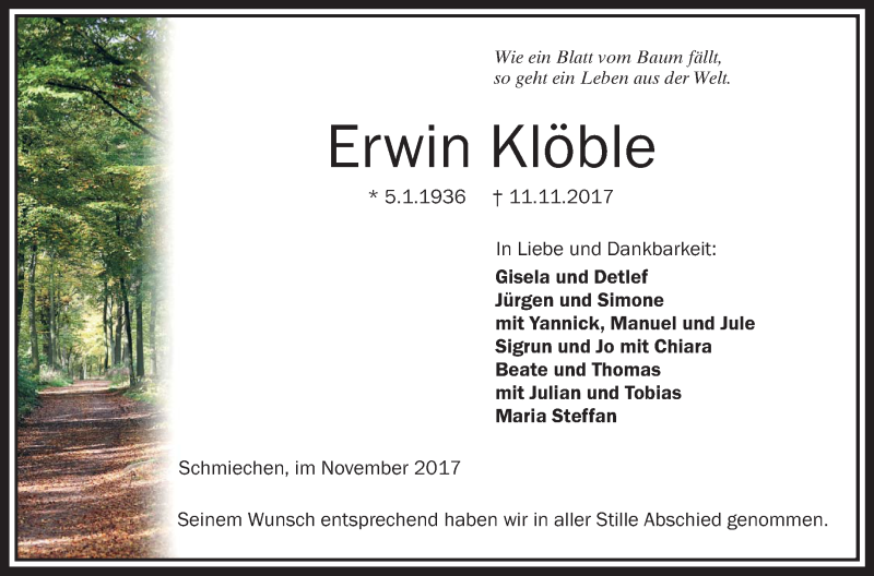  Traueranzeige für Erwin Klöble vom 17.11.2017 aus Schwäbische Zeitung