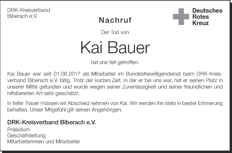  Traueranzeige für Kai Bauer vom 21.11.2017 aus Schwäbische Zeitung