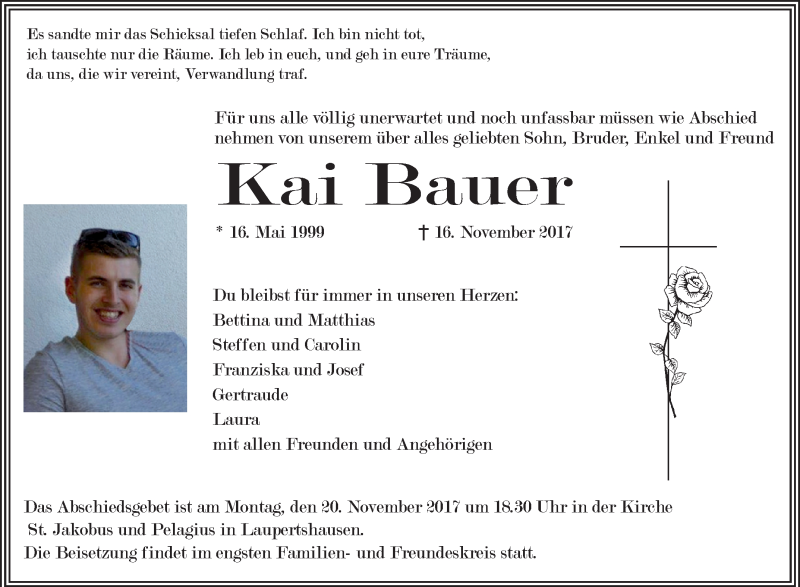 Traueranzeige für Kai Bauer vom 18.11.2017 aus Schwäbische Zeitung