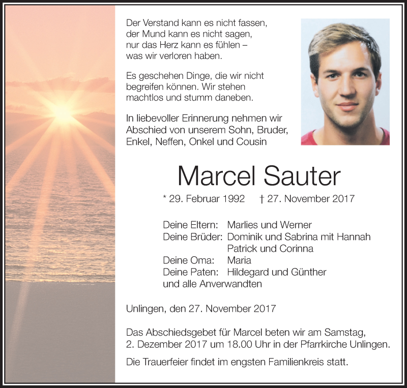  Traueranzeige für Marcel Sauter vom 30.11.2017 aus Schwäbische Zeitung