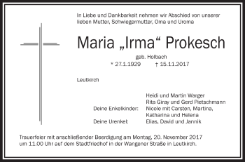 Anzeige von Maria Prokesch von Schwäbische Zeitung