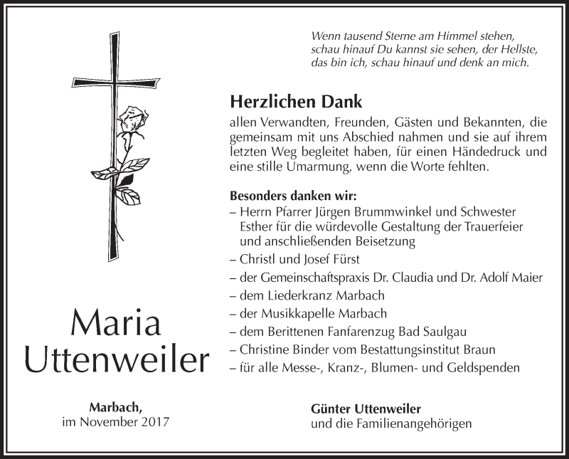  Traueranzeige für Maria Uttenweiler vom 25.11.2017 aus Schwäbische Zeitung