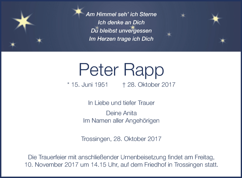  Traueranzeige für Peter Rapp vom 08.11.2017 aus Schwäbische Zeitung