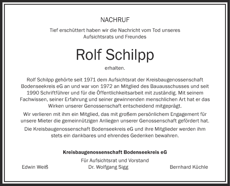  Traueranzeige für Rolf Schilpp vom 21.11.2017 aus Schwäbische Zeitung