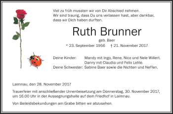 Anzeige von Ruth Brunner von Schwäbische Zeitung