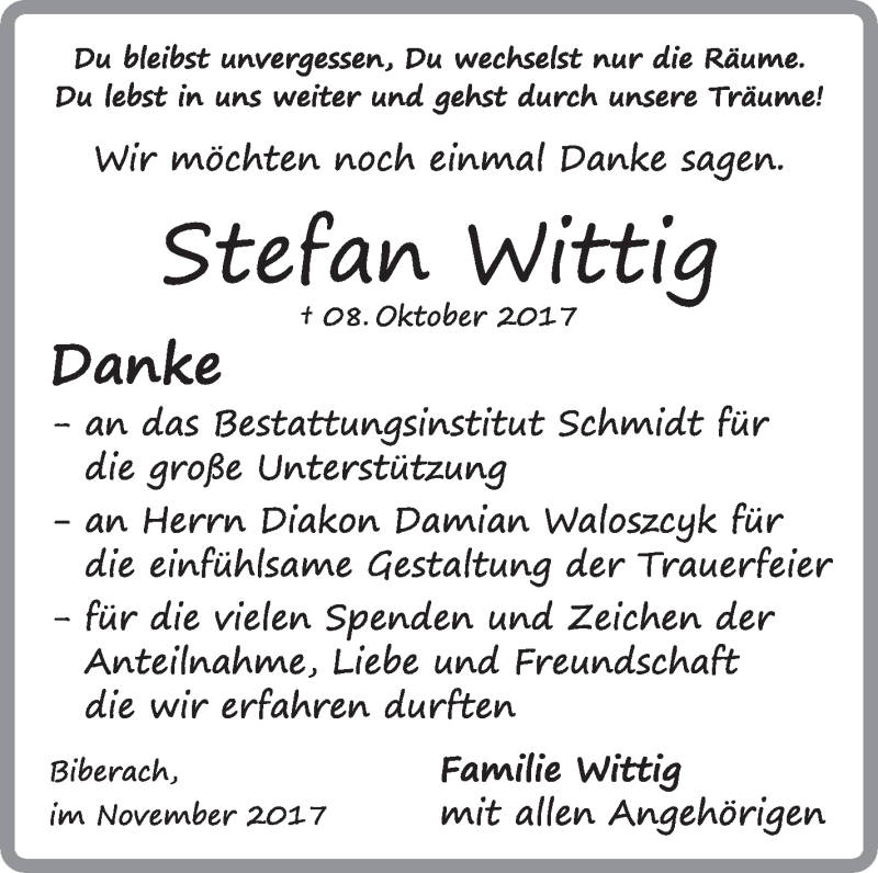  Traueranzeige für Stefan Wittig vom 11.11.2017 aus Schwäbische Zeitung