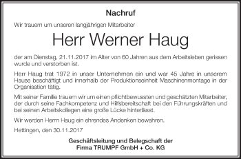 Anzeige von Werner Haug von Schwäbische Zeitung