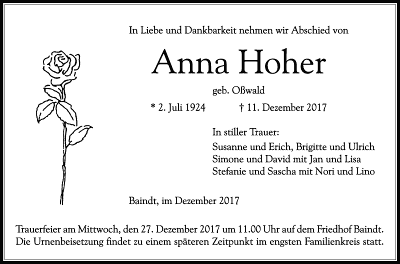  Traueranzeige für Anna Hoher vom 21.12.2017 aus Schwäbische Zeitung