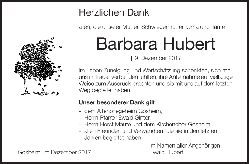  Traueranzeige für Barbara Hubert vom 21.12.2017 aus Schwäbische Zeitung