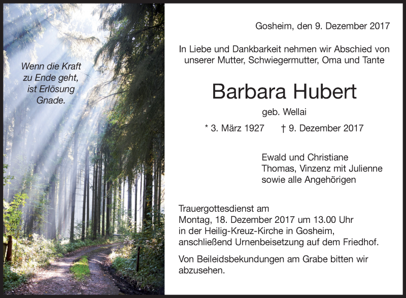  Traueranzeige für Barbara Hubert vom 14.12.2017 aus Schwäbische Zeitung
