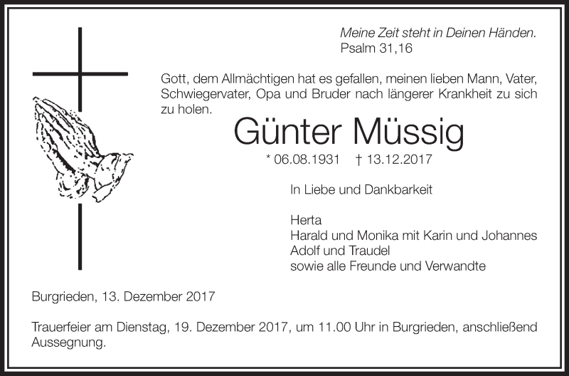  Traueranzeige für Günter Müssig vom 16.12.2017 aus Schwäbische Zeitung