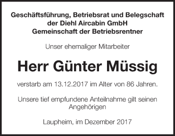Anzeige von Günter Müssig von Schwäbische Zeitung