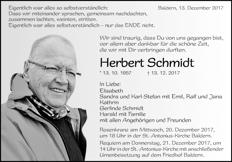  Traueranzeige für Herbert Schmidt vom 16.12.2017 aus Schwäbische Zeitung