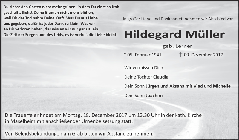  Traueranzeige für Hildegard Müller vom 14.12.2017 aus Schwäbische Zeitung