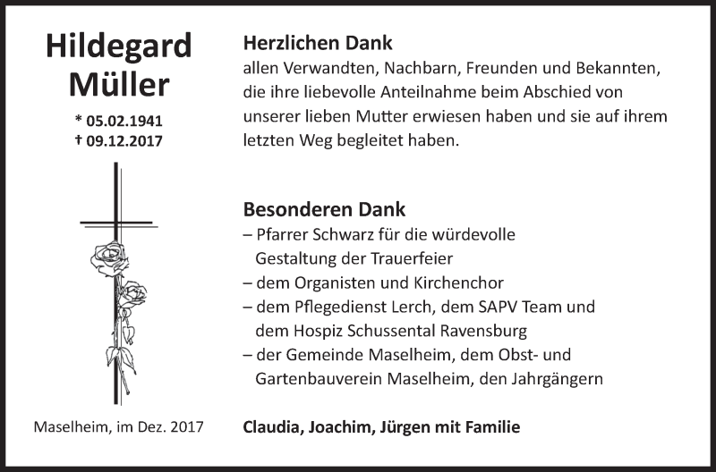  Traueranzeige für Hildegard Müller vom 29.12.2017 aus Schwäbische Zeitung