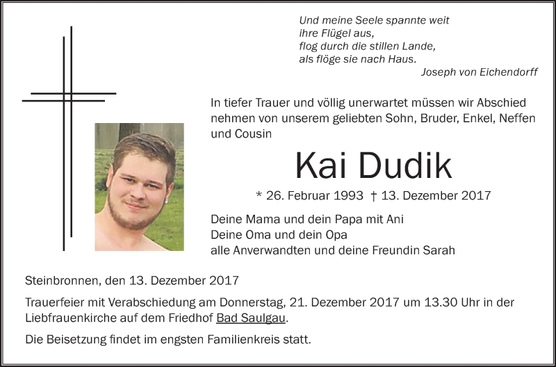  Traueranzeige für Kai Dudik vom 18.12.2017 aus Schwäbische Zeitung