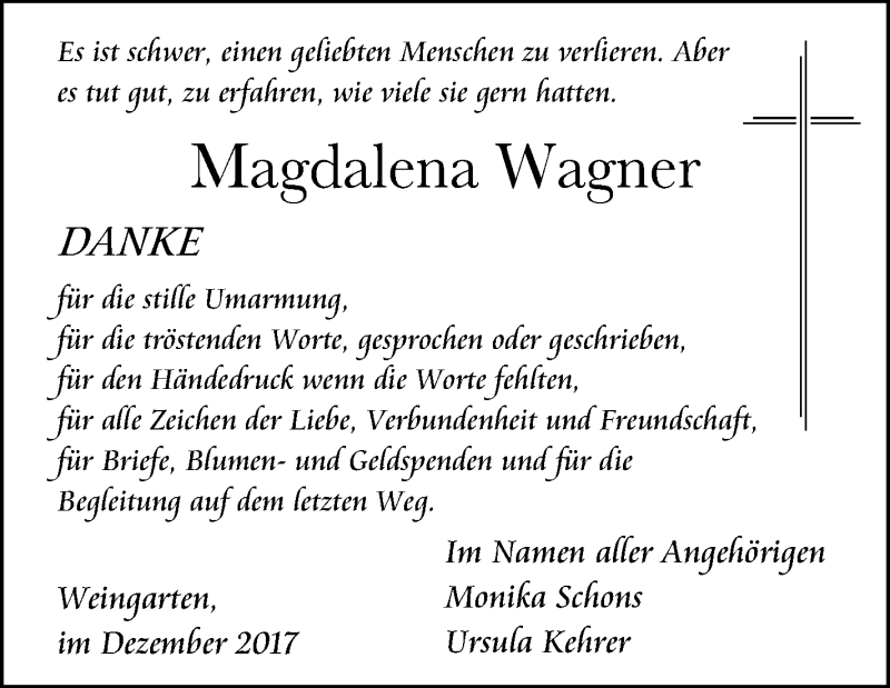  Traueranzeige für Magdalena Wagner vom 29.12.2017 aus Schwäbische Zeitung
