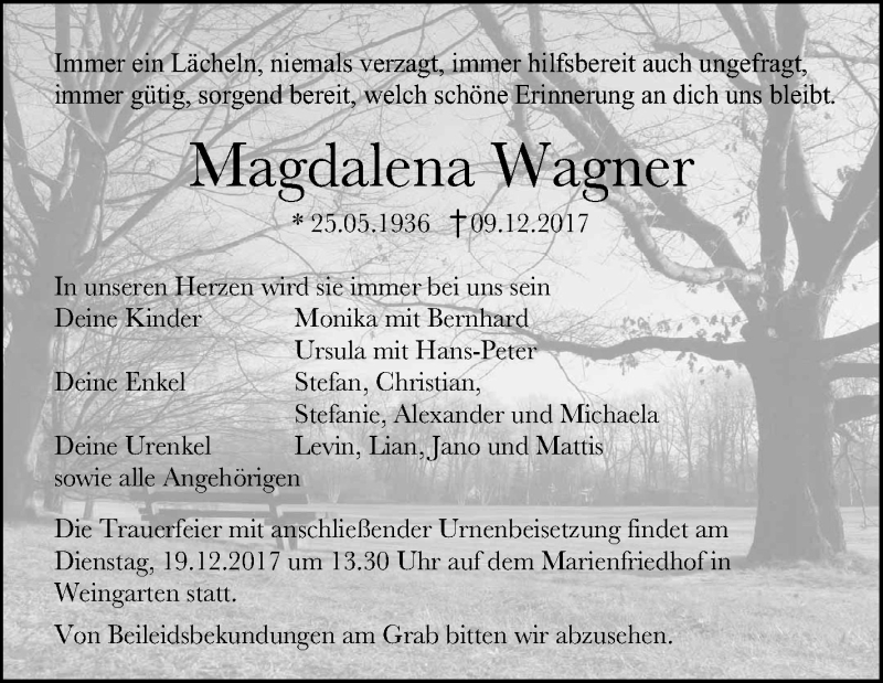  Traueranzeige für Magdalena Wagner vom 14.12.2017 aus Schwäbische Zeitung