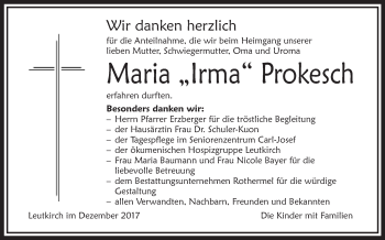 Anzeige von Maria Prokesch von Schwäbische Zeitung