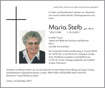 Anzeige von Maria Steib von Schwäbische Zeitung