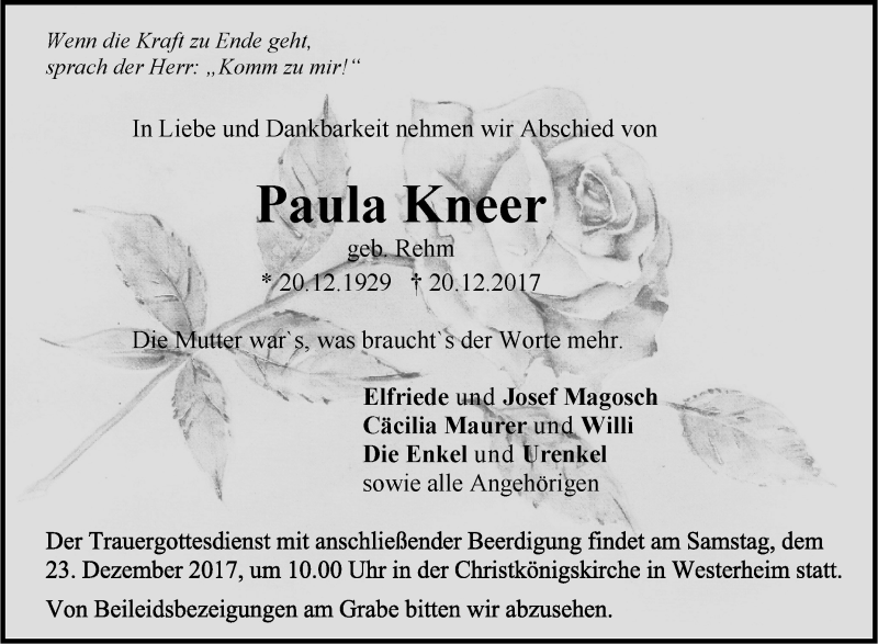 Traueranzeige für Paula Kneer vom 22.12.2017 aus Schwäbische Zeitung