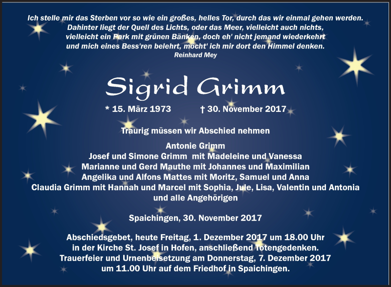  Traueranzeige für Sigrid Grimm vom 01.12.2017 aus Schwäbische Zeitung