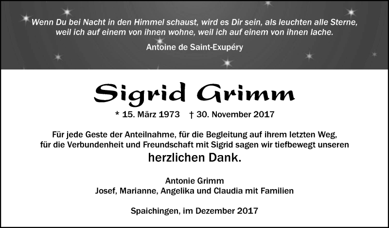  Traueranzeige für Sigrid Grimm vom 16.12.2017 aus Schwäbische Zeitung