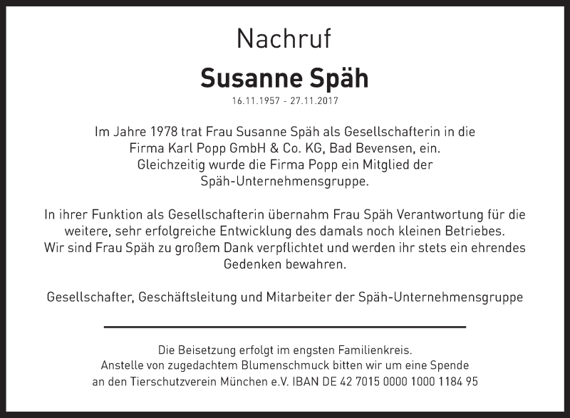  Traueranzeige für Susanne Späh vom 05.12.2017 aus Schwäbische Zeitung