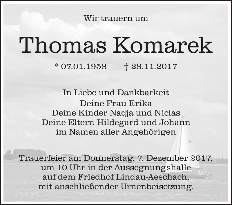  Traueranzeige für Thomas Komarek vom 02.12.2017 aus Schwäbische Zeitung