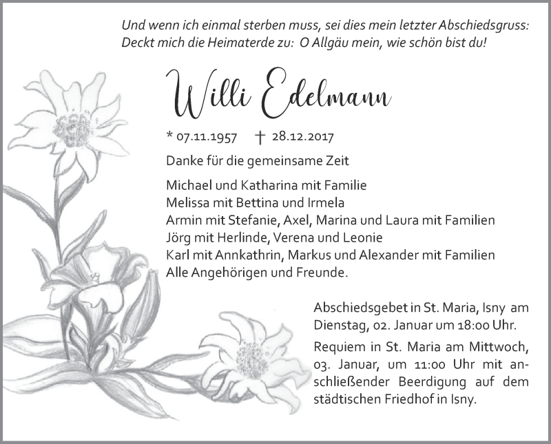  Traueranzeige für Willi Edelmann vom 30.12.2017 aus Schwäbische Zeitung