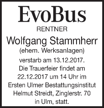 Anzeige von Wolfgang Stammherr von Schwäbische Zeitung