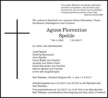 Anzeige von Agnes Florentine Spehle von Schwäbische Zeitung