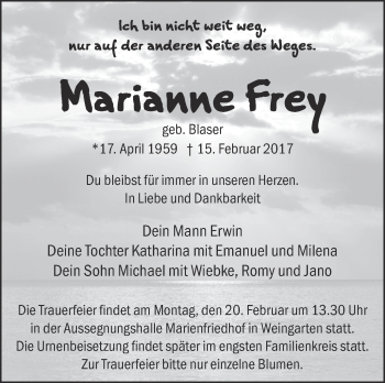 Anzeige von Marianne Frey von Schwäbische Zeitung