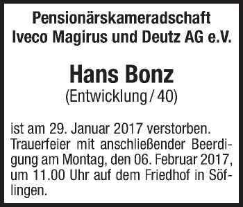 Anzeige von Hans Bonz von Schwäbische Zeitung