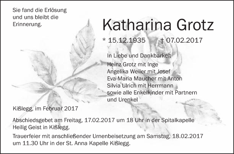 Traueranzeigen Von Katharina Grotz Schwaebische De Trauerportal My