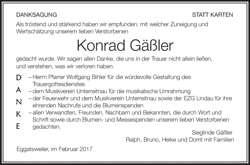  Traueranzeige für Konrad Gäßler vom 04.02.2017 aus Schwäbische Zeitung