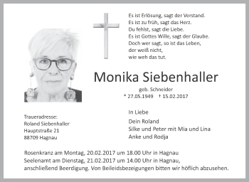 Anzeige von Monika Siebenhaller von Schwäbische Zeitung
